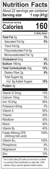 Honey Bunches of Oats 32 oz cereal bag nutrition facts